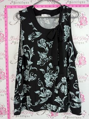 Suzy Shier tank top ribbon Black Tie-Neck Floral Camisole with Mint Accents